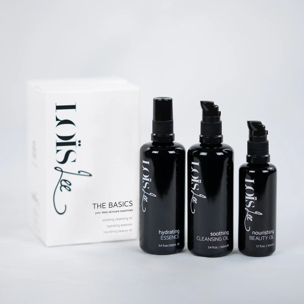 Loïs Lee The Basics sada starostlivosti o pleť s čistiacim olejom, hydratačnou esenciou a beauty oil