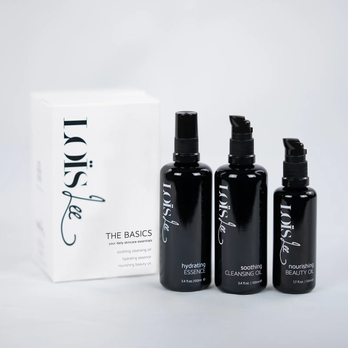 Loïs Lee The Basics sada starostlivosti o pleť s čistiacim olejom, hydratačnou esenciou a beauty oil
